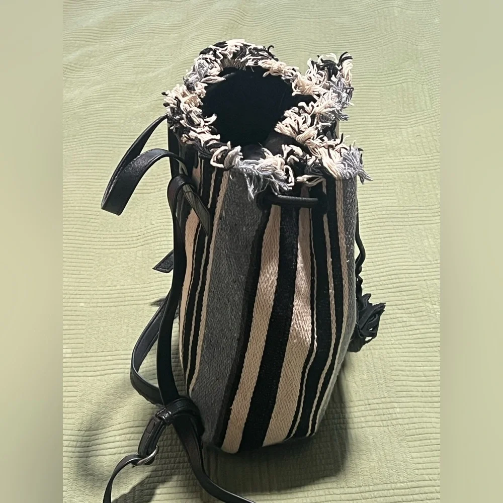 Lucky Brand Alzon Drawstring Clinched Fringed Backpack Blue, Black and Cream